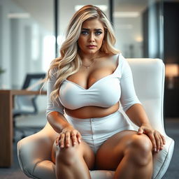 A poignant scene set in a modern office, showcasing a crying, emotional, and innocent 20-year-old curvaceous woman with blonde hair and light blue eyes, sitting on a stylish chair