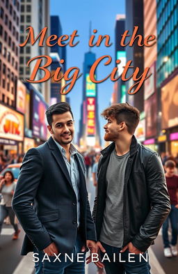A book cover design featuring two handsome men meeting in a bustling cityscape