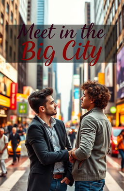 A book cover design featuring two handsome men meeting in a bustling cityscape