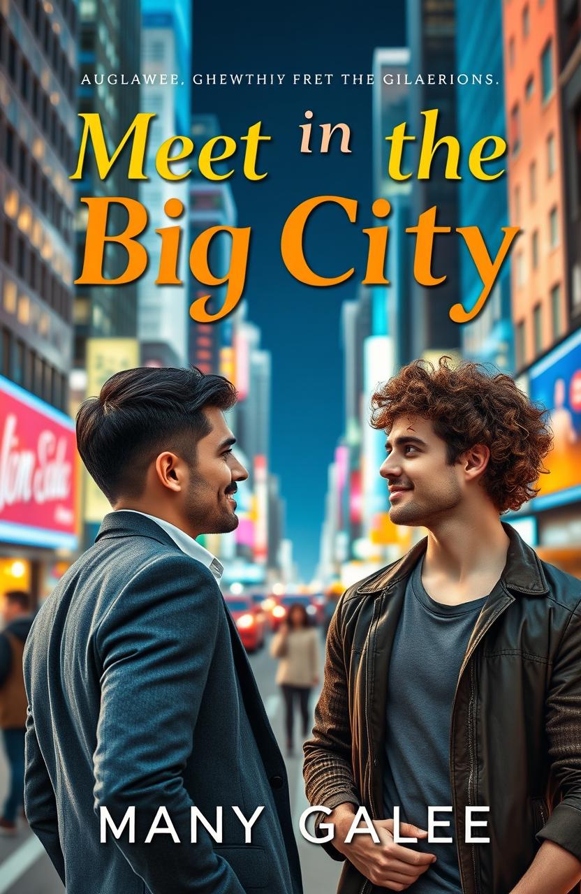 A book cover design featuring two handsome men meeting in a bustling cityscape