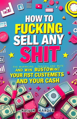 A vibrant and eye-catching book cover for the title “HOW TO FUCKING SELL ANY SHIT TO ANYONE AND WIN BOTH YOUR CUSTOMER's HEARTS AND THEIR CASH”