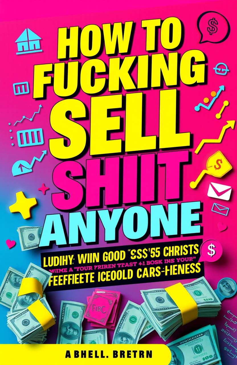 A vibrant and eye-catching book cover for the title “HOW TO FUCKING SELL ANY SHIT TO ANYONE AND WIN BOTH YOUR CUSTOMER's HEARTS AND THEIR CASH”