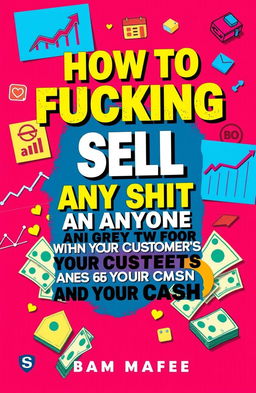 A vibrant and eye-catching book cover for the title “HOW TO FUCKING SELL ANY SHIT TO ANYONE AND WIN BOTH YOUR CUSTOMER's HEARTS AND THEIR CASH”