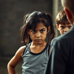 A dramatic scene depicting a young girl standing her ground, showing strength and resilience in the face of adversity