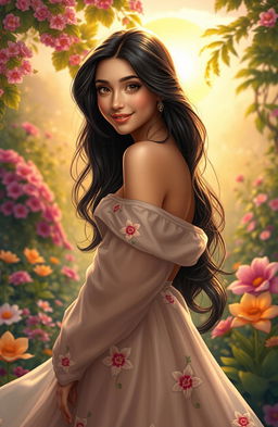 A beautifully detailed portrait of a young woman named Jasmine with long dark hair and striking features