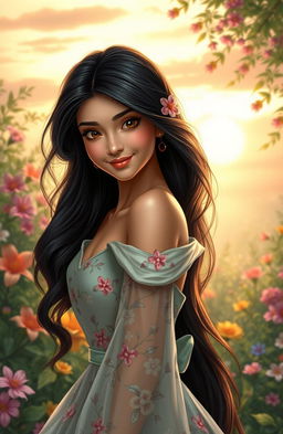 A beautifully detailed portrait of a young woman named Jasmine with long dark hair and striking features
