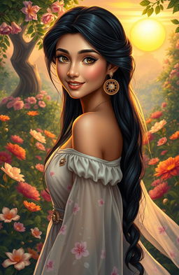 A beautifully detailed portrait of a young woman named Jasmine with long dark hair and striking features