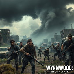 A gripping post-apocalyptic battlefield scene depicting the struggle for survival in a desolate environment inspired by Wyrmwood: Apocalypse