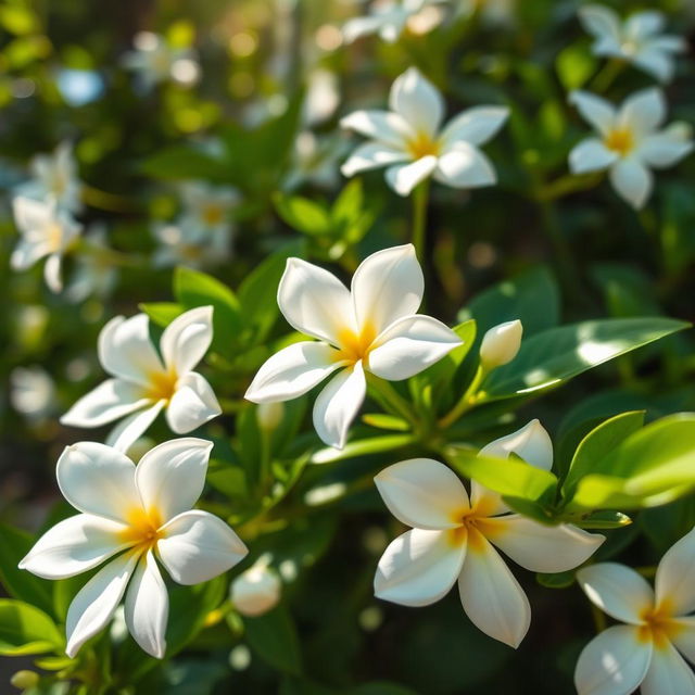 A close-up, vivid composition of jasmine flowers in full bloom, showcasing their delicate white petals with a hint of yellow in the center