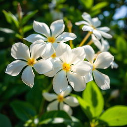 A close-up, vivid composition of jasmine flowers in full bloom, showcasing their delicate white petals with a hint of yellow in the center