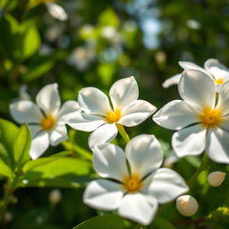 A close-up, vivid composition of jasmine flowers in full bloom, showcasing their delicate white petals with a hint of yellow in the center