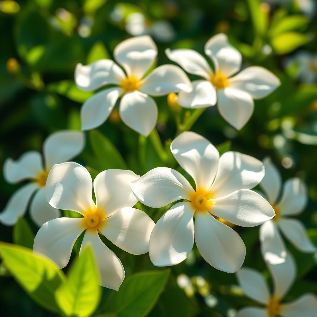 A close-up, vivid composition of jasmine flowers in full bloom, showcasing their delicate white petals with a hint of yellow in the center