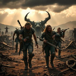 A captivating post-apocalyptic scene inspired by Wyrmwood: Apocalypse, featuring rugged survivors navigating through a desolate landscape