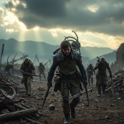 A captivating post-apocalyptic scene inspired by Wyrmwood: Apocalypse, featuring rugged survivors navigating through a desolate landscape