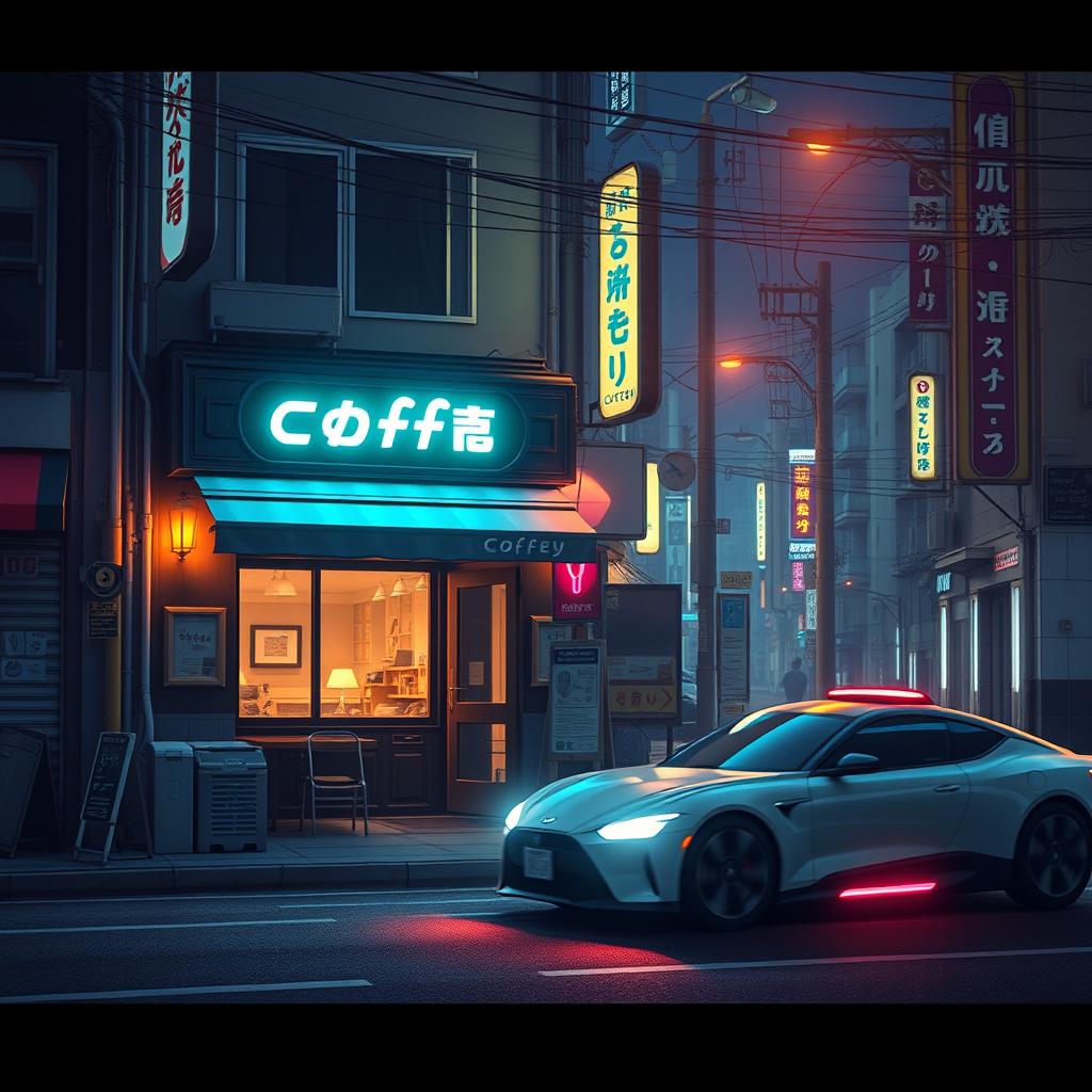 A 60-second loop animation depicting a relaxing lofi scene of a nighttime street in Japan with a cyberpunk aesthetic