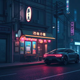 A 60-second loop animation depicting a relaxing lofi scene of a nighttime street in Japan with a cyberpunk aesthetic