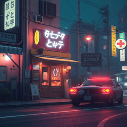 A 60-second loop animation depicting a relaxing lofi scene of a nighttime street in Japan with a cyberpunk aesthetic