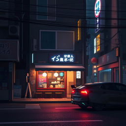 A 60-second loop animation depicting a relaxing lofi scene of a nighttime street in Japan with a cyberpunk aesthetic