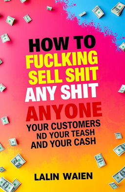 A striking book cover design featuring the bold and unapologetic title, "HOW TO FUCKING SELL ANY SHIT TO ANYONE AND WIN BOTH YOUR CUSTOMER'S HEARTS AND THEIR CASH" prominently placed in the center