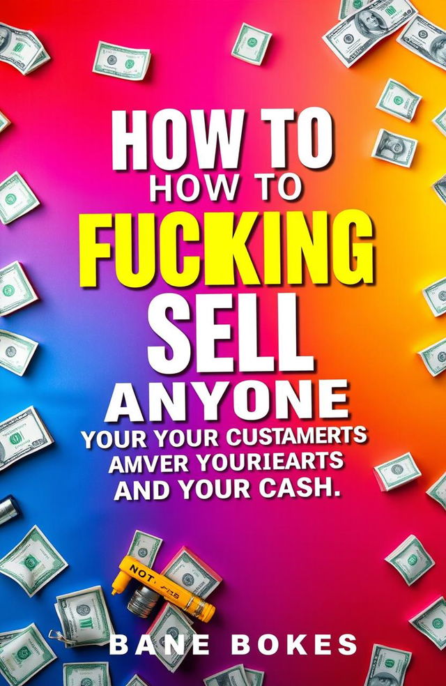 A striking book cover design featuring the bold and unapologetic title, "HOW TO FUCKING SELL ANY SHIT TO ANYONE AND WIN BOTH YOUR CUSTOMER'S HEARTS AND THEIR CASH" prominently placed in the center