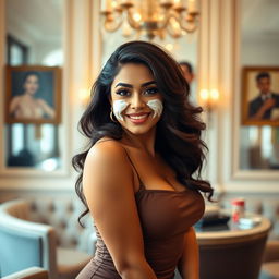 Tamana Bhatia, portrayed with curvy features, wearing a tight short dress that accentuates her curves and highlights her figure