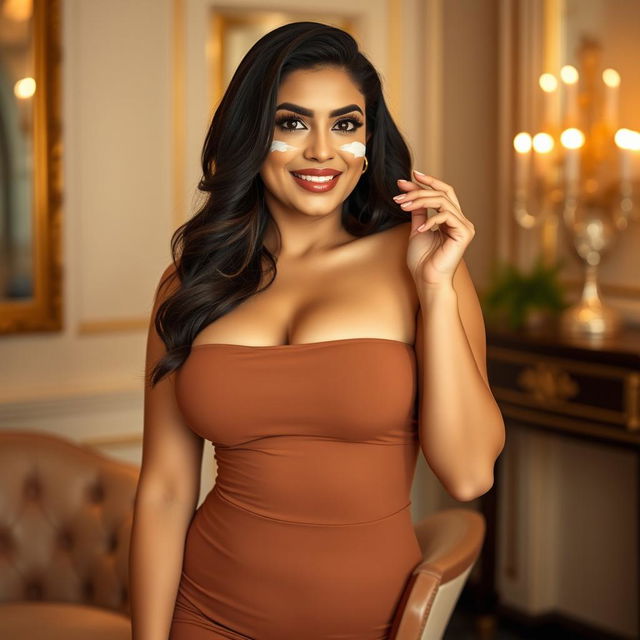 Tamana Bhatia, portrayed with curvy features, wearing a tight short dress that accentuates her curves and highlights her figure