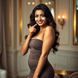 Tamana Bhatia, portrayed with curvy features, wearing a tight short dress that accentuates her curves and highlights her figure