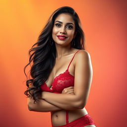 A vibrant, confident portrait of a Desi mother, exuding strength and grace, dressed in elegant red lingerie and stylish stockings