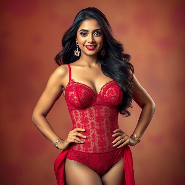 A vibrant, confident portrait of a Desi mother, exuding strength and grace, dressed in elegant red lingerie and stylish stockings