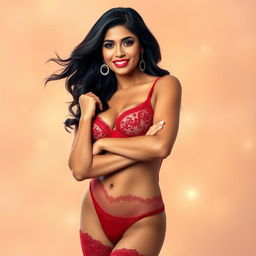 A vibrant, confident portrait of a Desi mother, exuding strength and grace, dressed in elegant red lingerie and stylish stockings