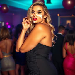 A stunningly curvy woman in a tight, short dress that accentuates her curves, featuring big breasts and a voluptuous backside