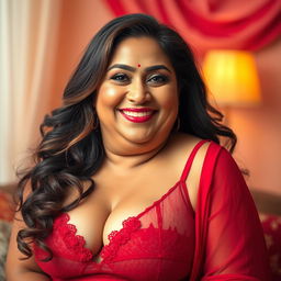 A vibrant portrait of a chubby and curvy Desi mother in her 50s, exuding confidence and charm