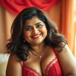 A vibrant portrait of a chubby and curvy Desi mother in her 50s, exuding confidence and charm