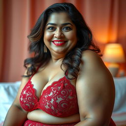 A vibrant portrait of a chubby and curvy Desi mother in her 50s, exuding confidence and charm