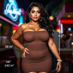 Tamana Bhatia portrayed with a curvy physique, wearing a tight short dress that accentuates her big breasts and voluptuous hips