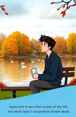 A reflective and introspective scene depicting a person sitting on a lonely park bench, surrounded by a blend of vibrant autumn leaves and a slightly cloudy sky, expressing feelings of contemplation