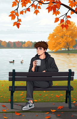 A reflective and introspective scene depicting a person sitting on a lonely park bench, surrounded by a blend of vibrant autumn leaves and a slightly cloudy sky, expressing feelings of contemplation