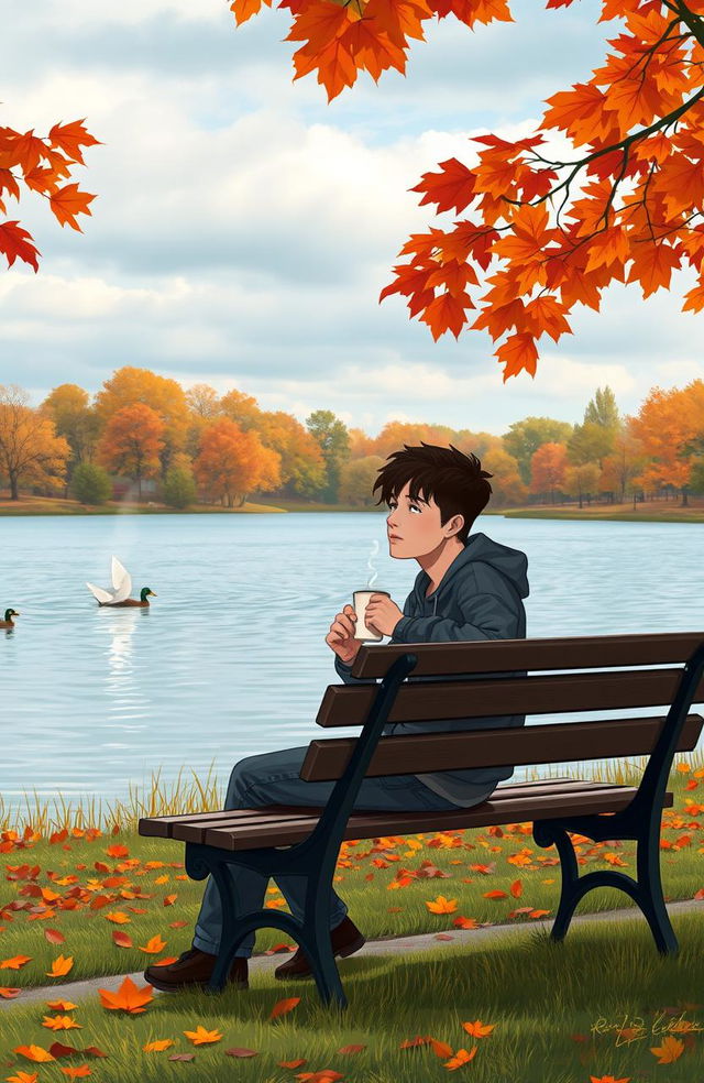 A reflective and introspective scene depicting a person sitting on a lonely park bench, surrounded by a blend of vibrant autumn leaves and a slightly cloudy sky, expressing feelings of contemplation