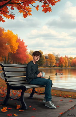 A reflective and introspective scene depicting a person sitting on a lonely park bench, surrounded by a blend of vibrant autumn leaves and a slightly cloudy sky, expressing feelings of contemplation
