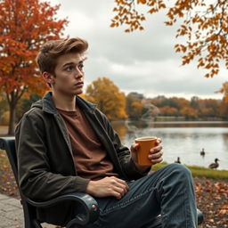 A visually captivating scene illustrating a young adult reflecting on their not-so-perfect life while sitting on a park bench