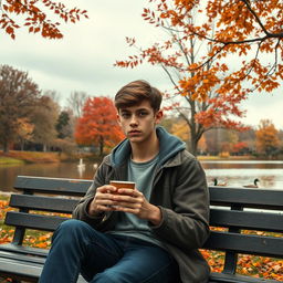 A visually captivating scene illustrating a young adult reflecting on their not-so-perfect life while sitting on a park bench