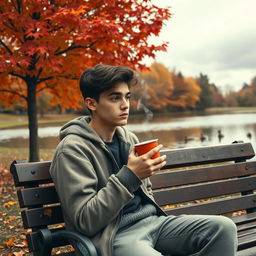 A visually captivating scene illustrating a young adult reflecting on their not-so-perfect life while sitting on a park bench