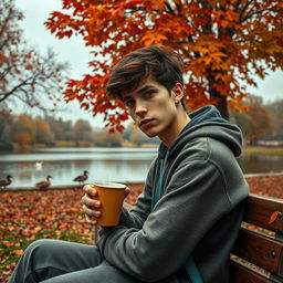 A visually captivating scene illustrating a young adult reflecting on their not-so-perfect life while sitting on a park bench