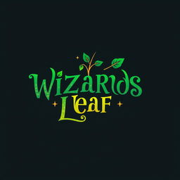 A stylish, modern, and funky logo featuring the text "WIZARDS LEAF" inspired by the magical theme of Harry Potter