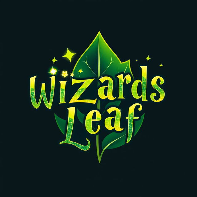 A stylish, modern, and funky logo featuring the text "WIZARDS LEAF" inspired by the magical theme of Harry Potter