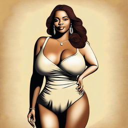 The image is a tasteful and respectful digital art piece that features a woman with a voluptuous figure