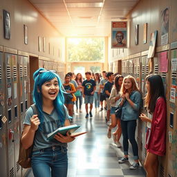 A lively high school scene for 'My Not So Perfect Life', capturing the diverse experiences of teenage students