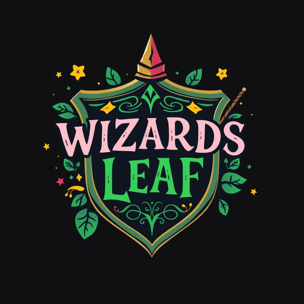 A stylish, text-based funky logo featuring the text "WIZARDS LEAF" creatively integrated with an iconic Harry Potter shield design