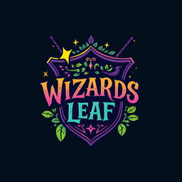 A stylish, text-based funky logo featuring the text "WIZARDS LEAF" creatively integrated with an iconic Harry Potter shield design