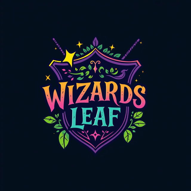 A stylish, text-based funky logo featuring the text "WIZARDS LEAF" creatively integrated with an iconic Harry Potter shield design
